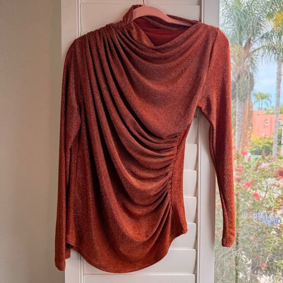 ChicWish Lurex Draped Asymmetrical Long Sleeve Top in Metallic Orange size Large - Picture 4 of 10